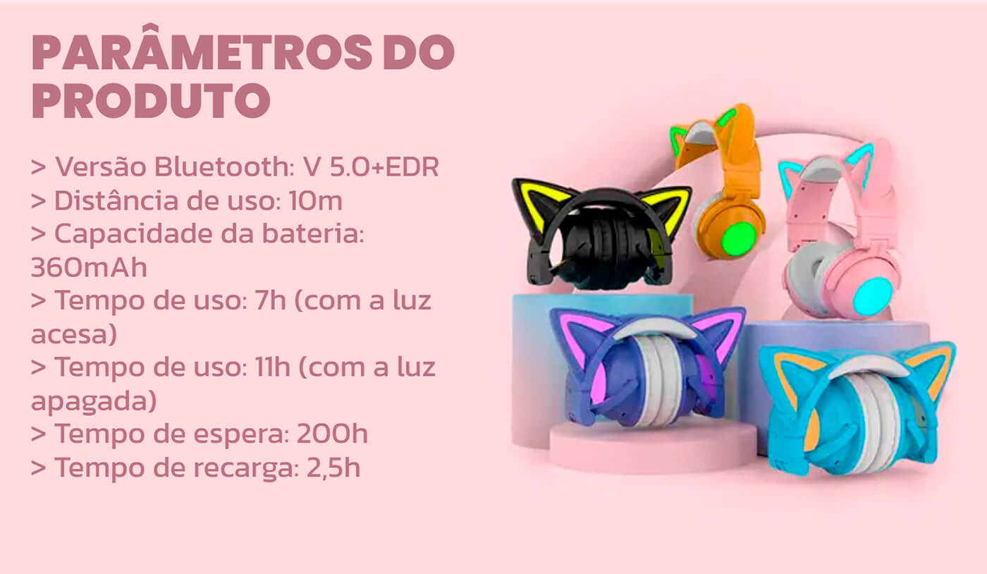 Headphone Gamer Similar Yowu ZW, Fone De Ouvido Orelha De Gato Cosplay, Led RGB e Bluetooth (Sem Caixa) - ROLKO tech