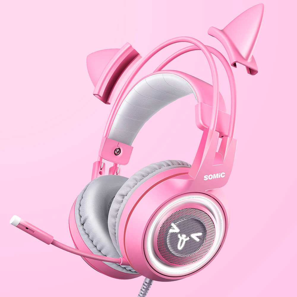 Fone de ouvido feminino SOMIC G951s rosa estéreo para jogos com microfone  para PS4, Xbox One, PC, celular, som de 3,5 mm removível, orelha de gato  leve auto-ajustável