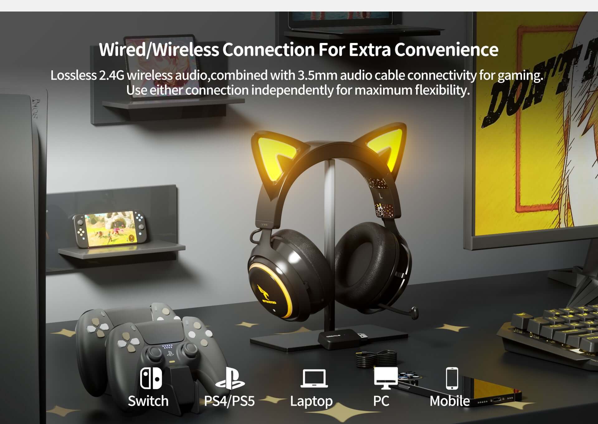 SOMIC GS510Pro Fone de ouvido para gatos, 2,4G/Bluetooth sem fio para jogos  com luz RGB, fone de ouvido bonito com microfone retrátil, 8 horas de  reprodução, som surround 7.1 para PS5/PS4, PC (
