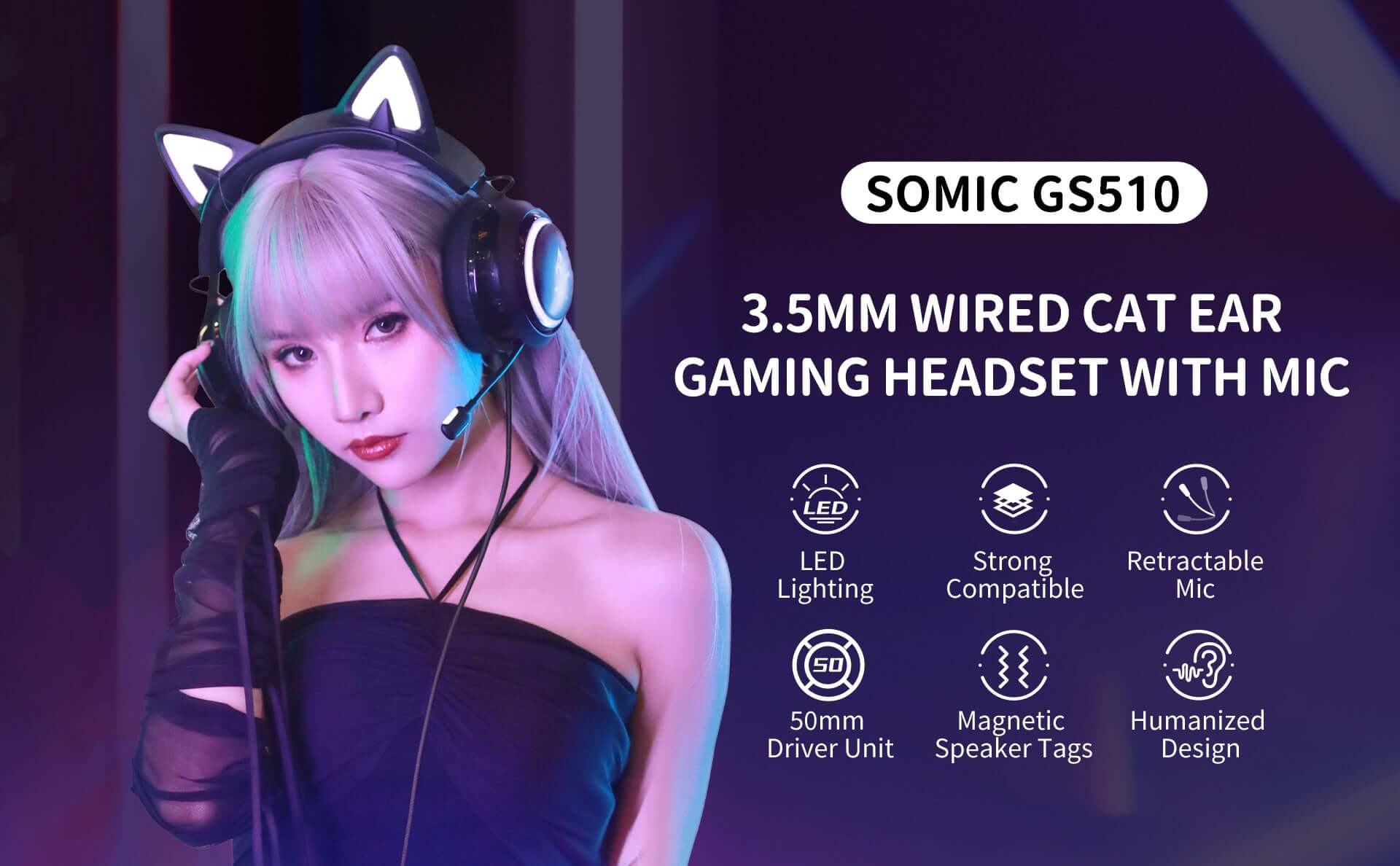 Headset SOMiC GS510, Plugue 3.5mm, Fone Orelha de Gato Gamer - ROLKO tech