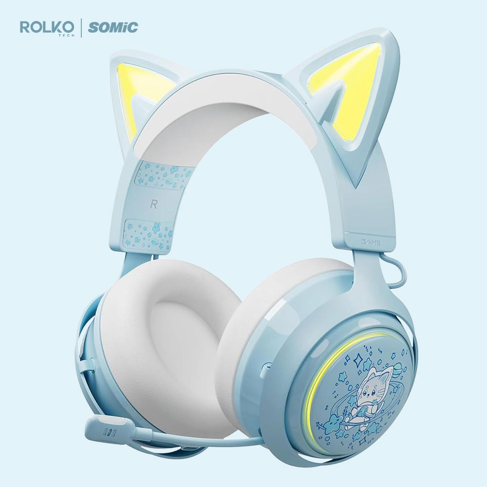 Headset SOMiC GS510 Pro, Bluetooth e 2.4G Sem Fio, Fone Orelha de Gato Gamer