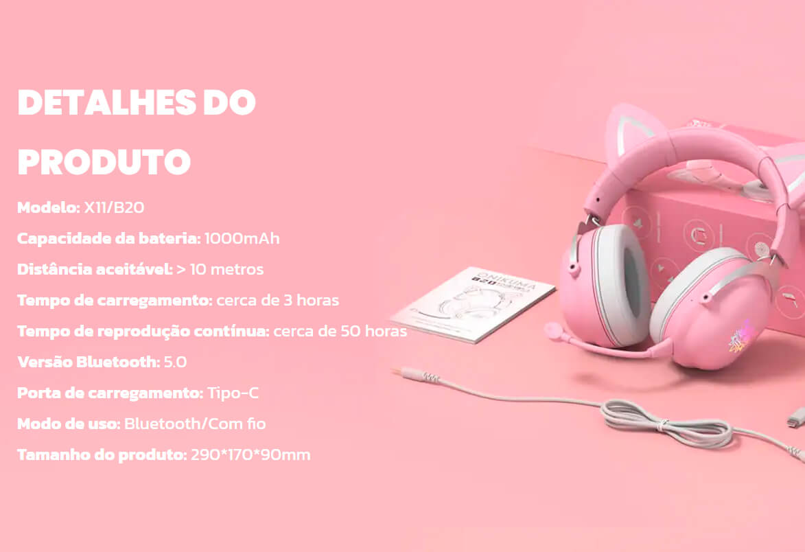 Headset Gamer ONIKUMA B20 Com Bluetooth 5.0, Fone de Ouvido Orelha de Gato - ROLKO tech