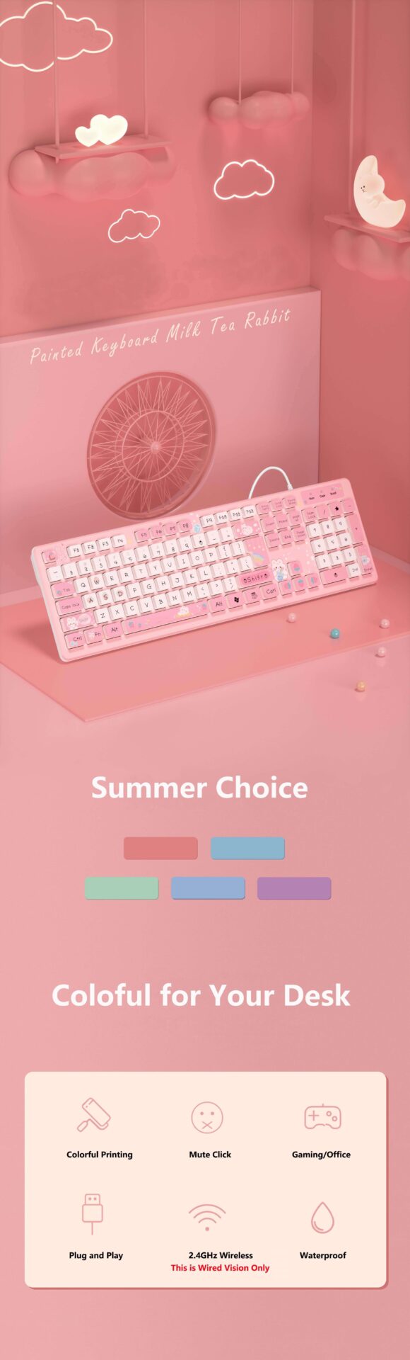 Teclado Coelhinho Kawaii, Sem fio 2.4g ou Com fio, 104 teclas - ROLKO tech