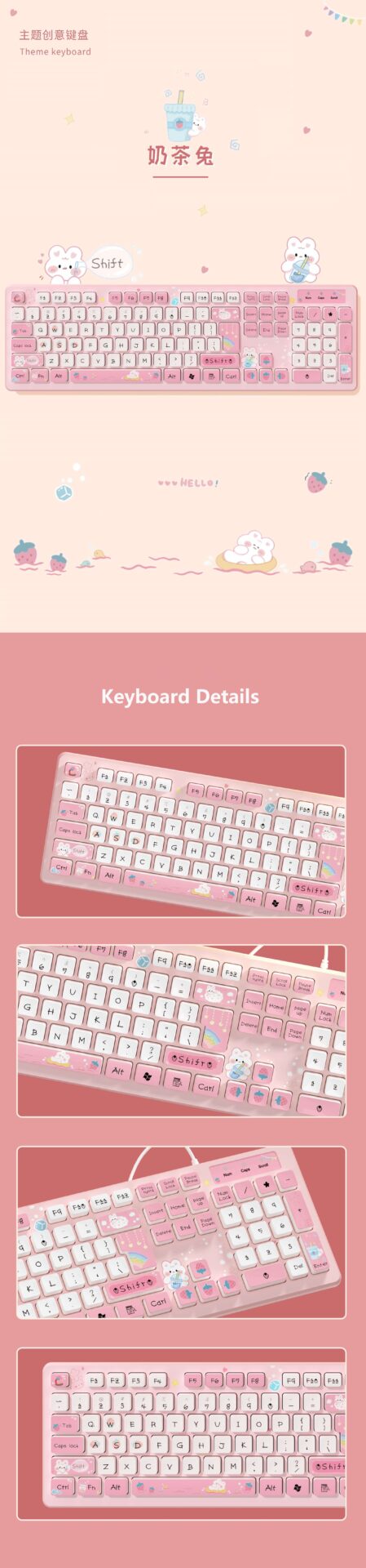 Teclado Coelhinho Kawaii, Sem fio 2.4g ou Com fio, 104 teclas - ROLKO tech