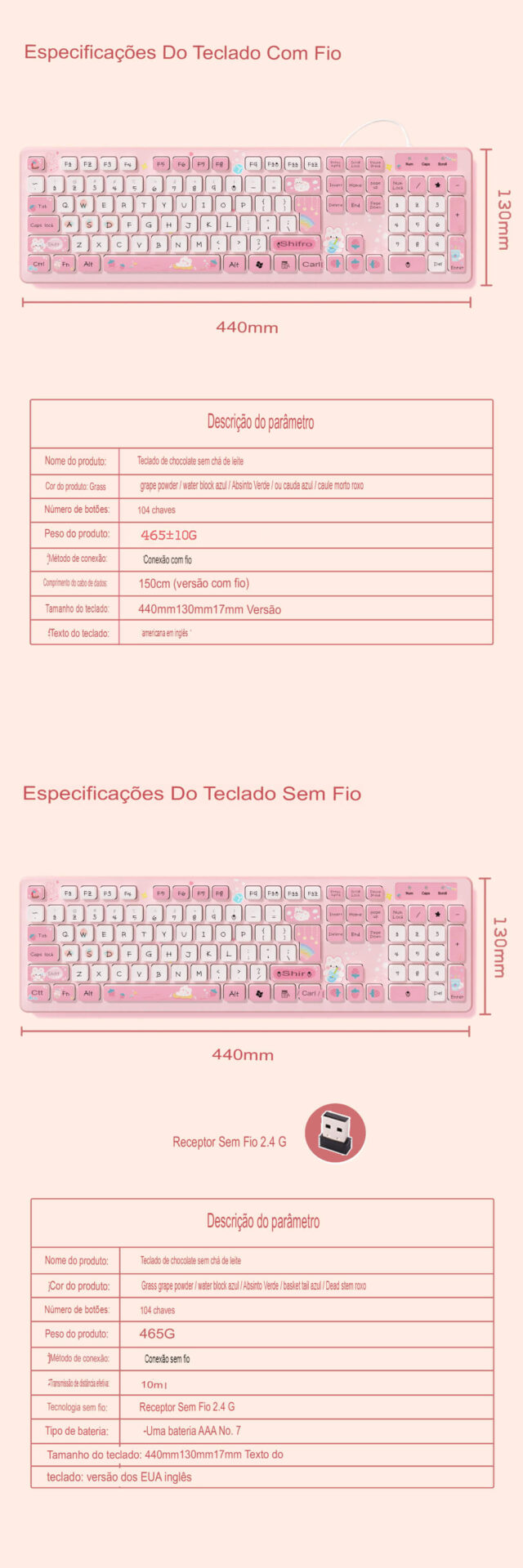 Teclado Coelhinho Kawaii, Sem fio 2.4g ou Com fio, 104 teclas - ROLKO tech