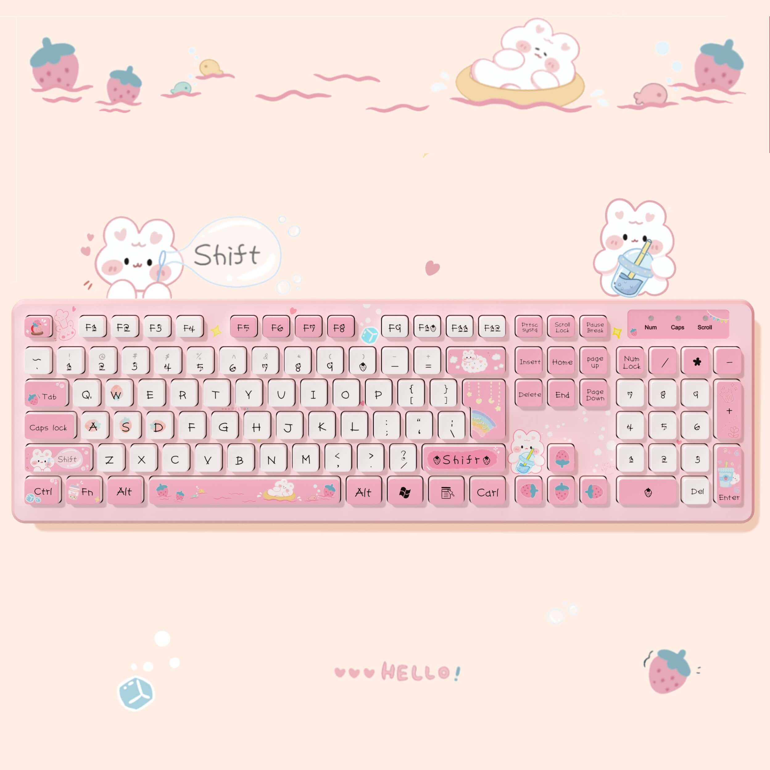 Teclado Coelhinho Kawaii, Sem fio 2.4g ou Com fio, 104 teclas - ROLKO tech