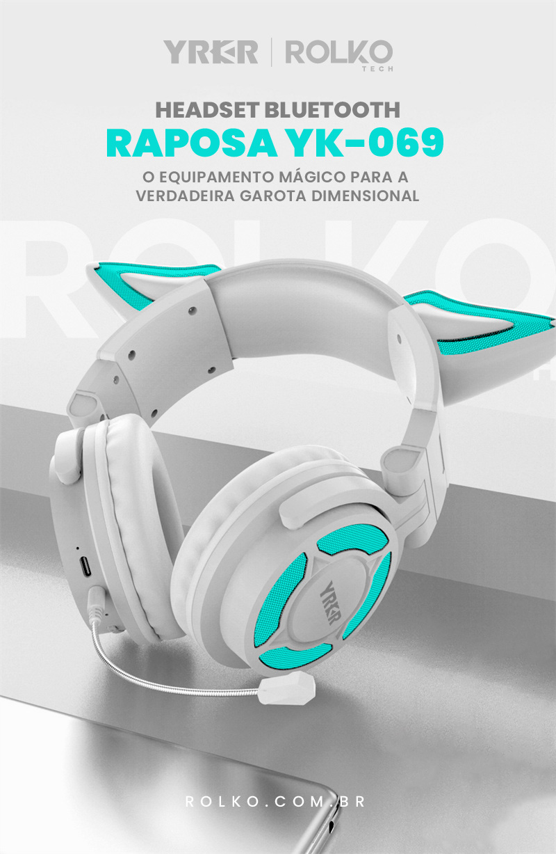 Headset Orelha de Raposa YK-069, YRKR, Bluetooth e RGB - ROLKO tech