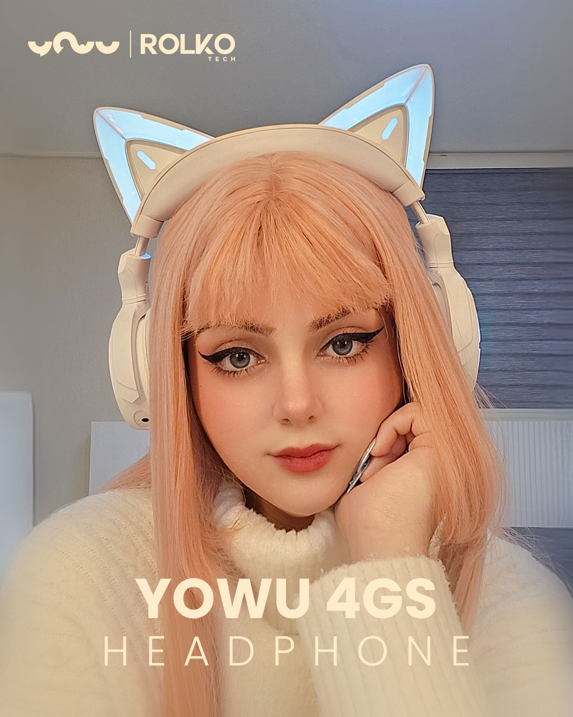 YOWU 4GS Headphone Bluetooth, 2.4G, Orelha de Gato