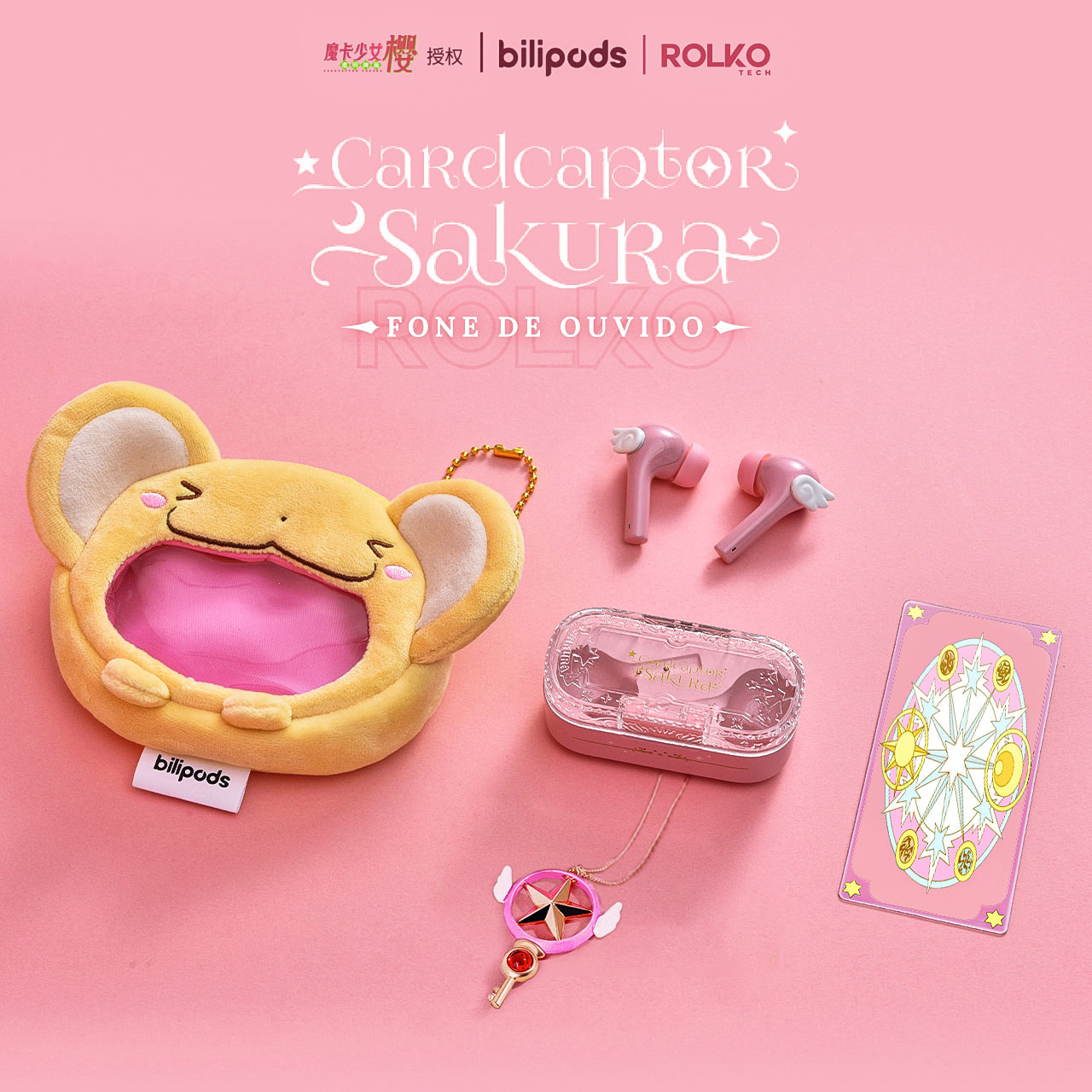 Fone de Ouvido Sakura Cardcaptor bilipods Bluetooth ROLKO tech, Bolsa do Kero, Pingente da Sakura, Carta Clow em Acrílico