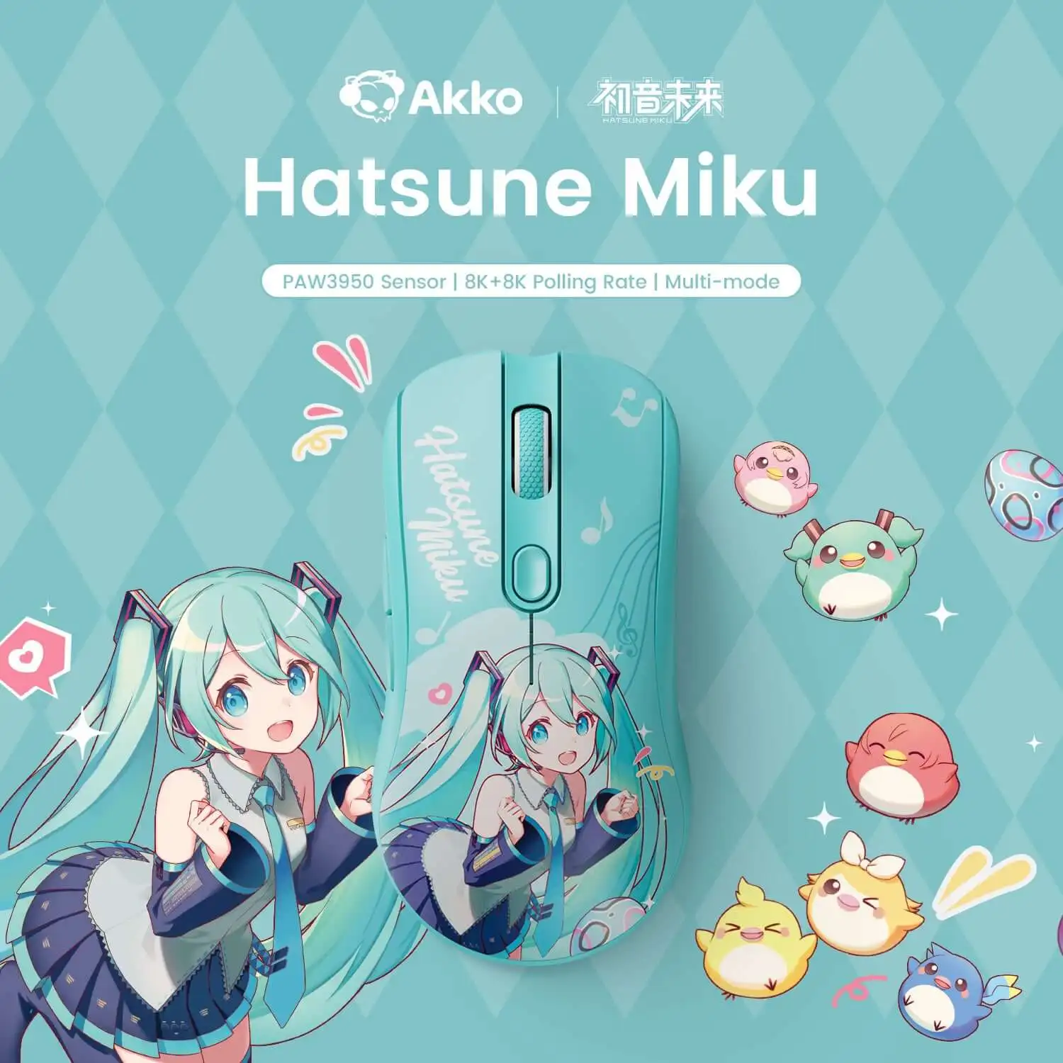 AKKO Mouse Hatsune Miku Gaming AG ONE 3950 Bluetooth, 2.4G, e Cabo