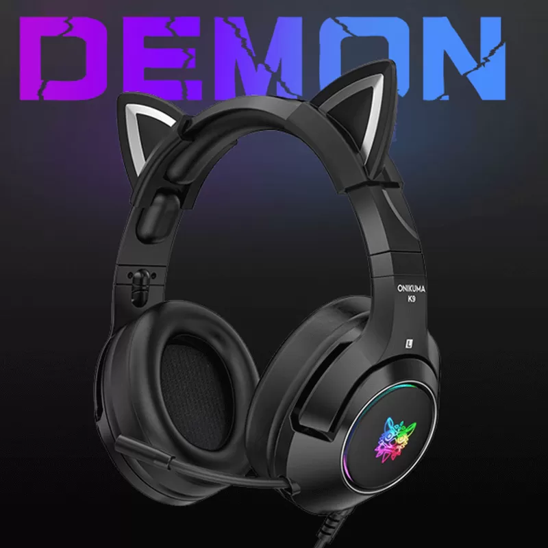 Headset Gamer ONIKUMA K9 Preto Cat, Fone de Ouvido Orelha de Gato Com LED RGB