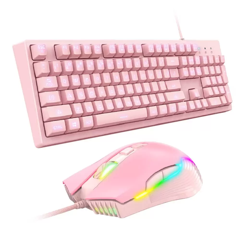 Teclado Gamer ONIKUMA G25 + Mouse CW905 Rosa, Com Fio e RGB