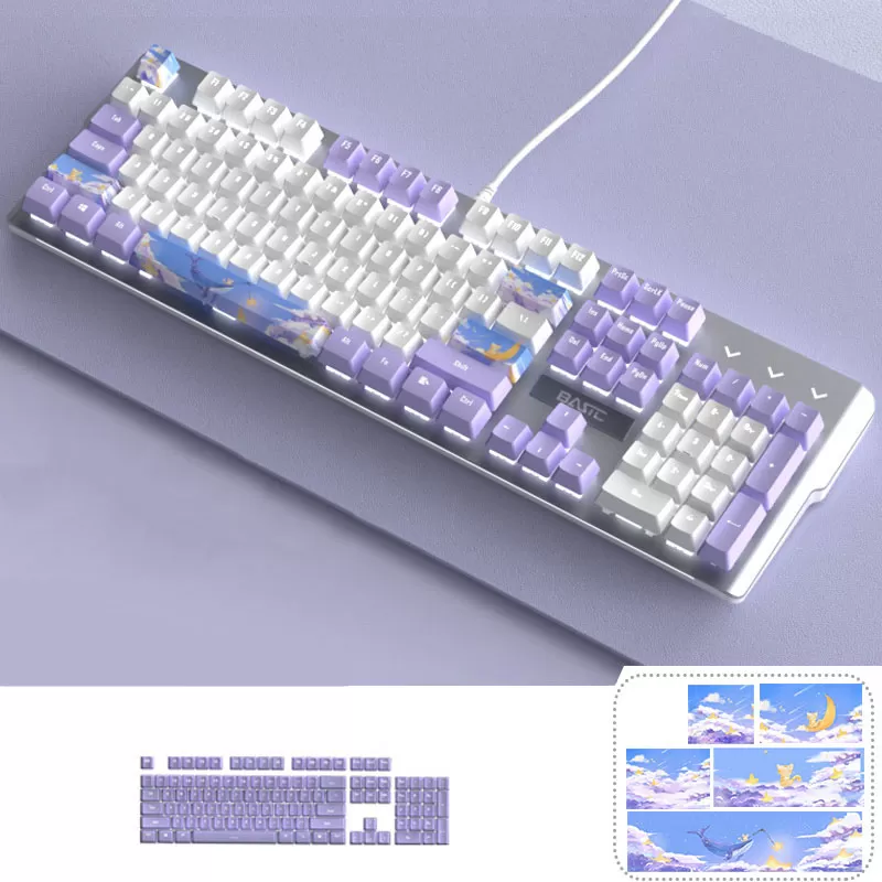 Roxo com Luz branca + Conjunto de teclas roxas + Imagem temática