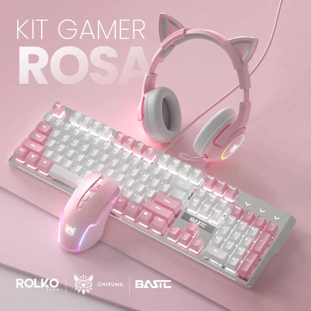 Kit Gamer Rosa Headset K9 ONIKUMA, Mouse CW905, Teclado BASTC, Mousepad