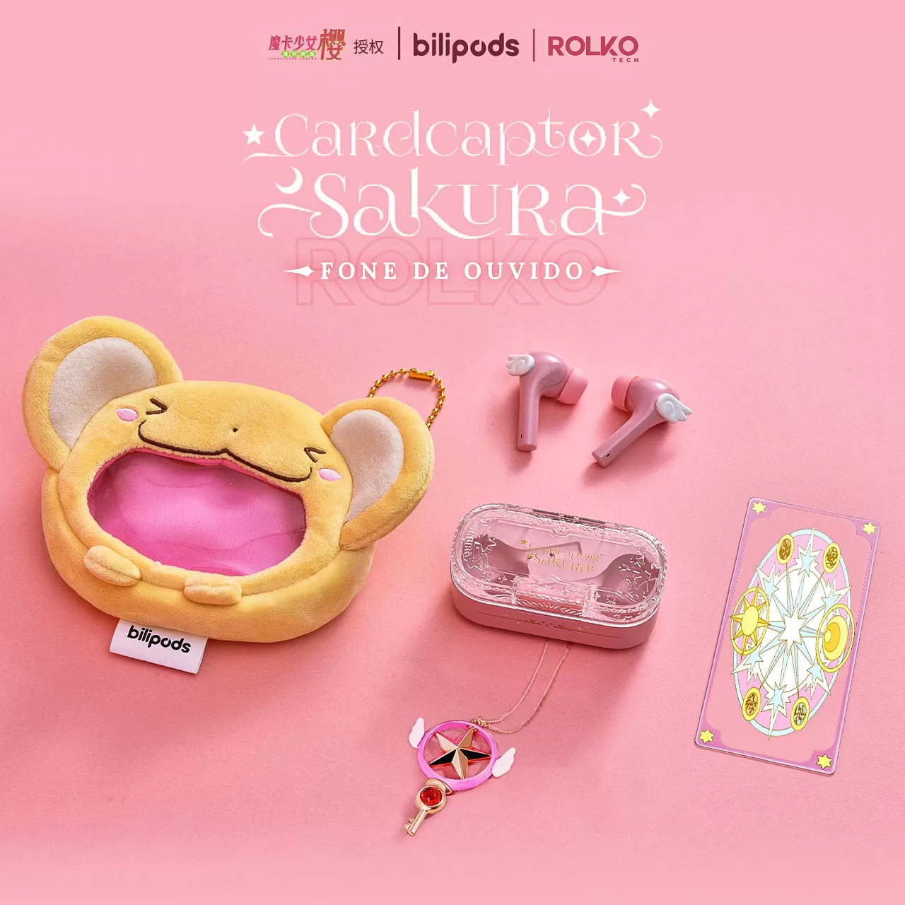 Fone de Ouvido Sakura Cardcaptor bilipods Bluetooth, Bolsa Kero, Pingente Sakura, Carta Clow em Acrílico