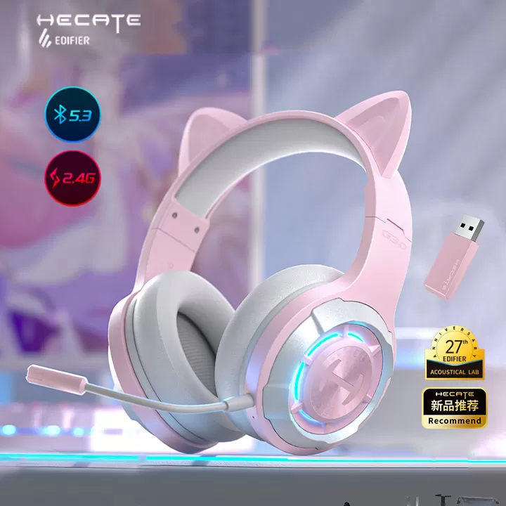 Headset Edifier G30II Hecate Gamer Bluetooth e 2.4G com Orelha de Gato Removível, Cor Rosa, Som Surround 7.1 e Iluminação RGB