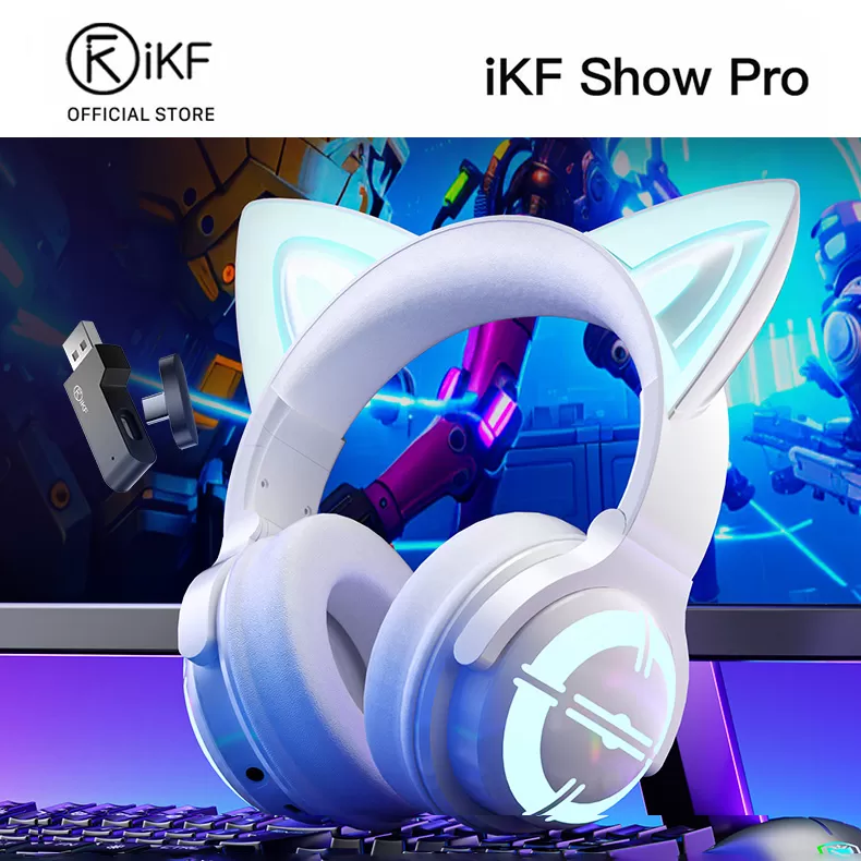 Headset Gamer iKF Show Pro Orelha de Gato Sem Fio com Microfone Bluetooth 5.4 + 2.4G + Fio, Luz RGB, Som Hi-Fi