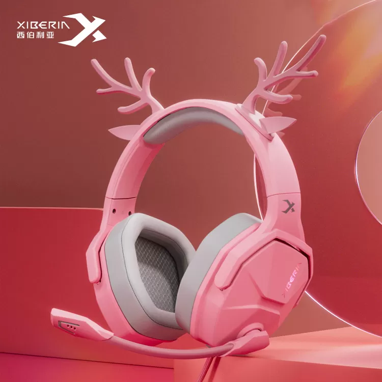 Headset Xiberia V13 Rosa com Chifres de Alce Som surround 7.1 Microfone com Cabo USB Gamer