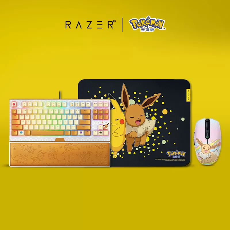 RAZER Pikachu e Eevee Pokémon Combo Teclado Mecânico com Apoio de Pulso, Mouse e Mousepad